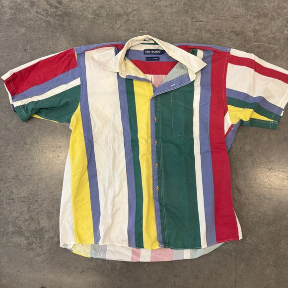 Vintage Other - Vintage Y2K Striped Colorblock Retro Men's Button Up Short Sleeve Red Green